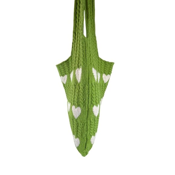 Knitted Green Tote Bag Open Top With White Heart Pattern Size M - Picture 2 of 7